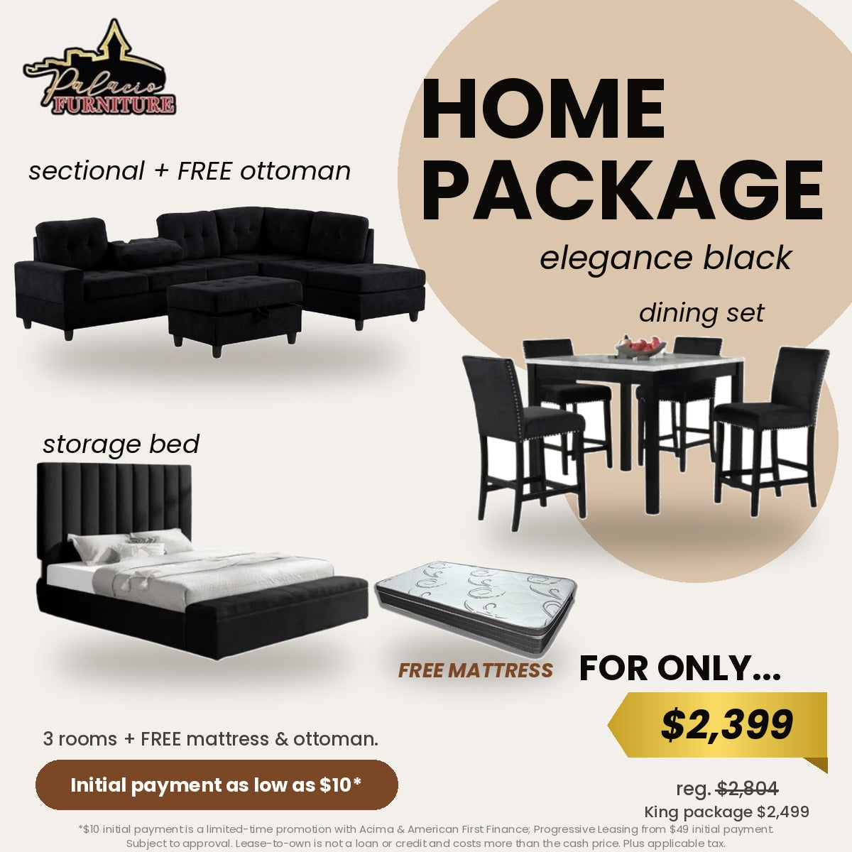 Elegance Home Package Black - sectional with free ottoman, dining set, storage bed and free mattress